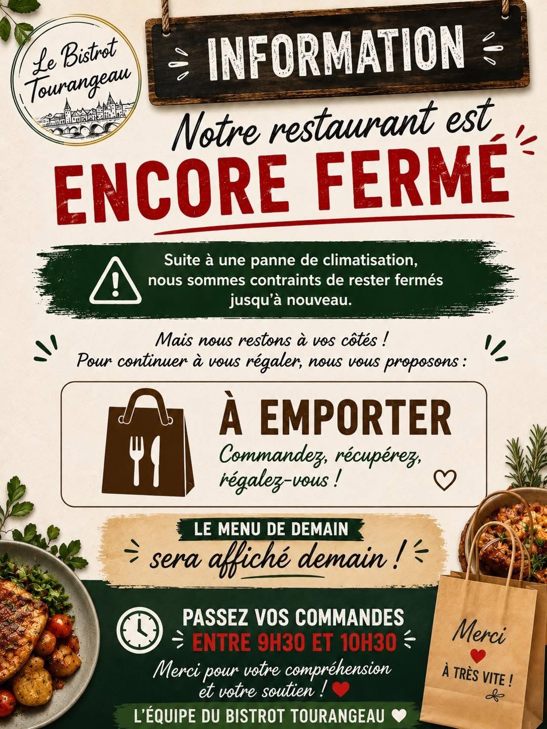 Information fermeture temporaire et commandes à emporter - Bistrot Tourangeau